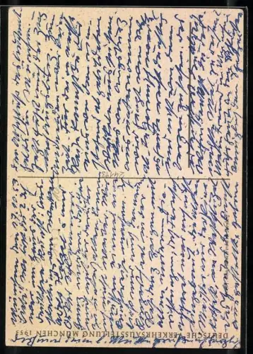 AK München, Deutsche Verkehr-Ausstellung 1953, Münchner Kindl mit verschiedenen Verkehrsmitteln