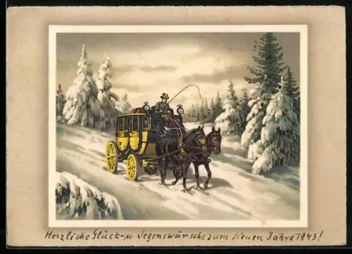 AK Postkutsche fährt durch eine Winterlandschaft