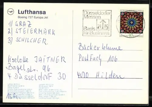 AK Flugzeug Lufthansa B 727 Europa Jet über den Wolken