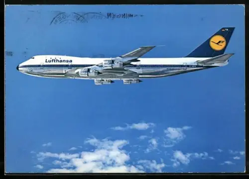 AK Flugzeug, Lufthansa, Boeing Jet 747, über den Wolken