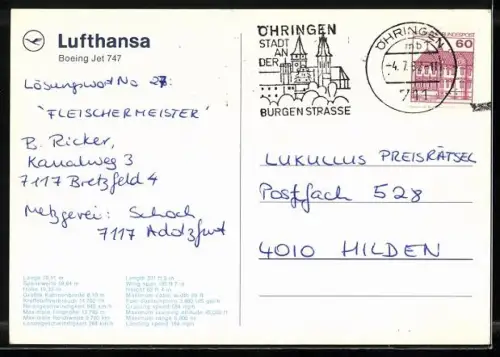 AK Flugzeug, Lufthansa, Boeing Jet 747, über den Wolken