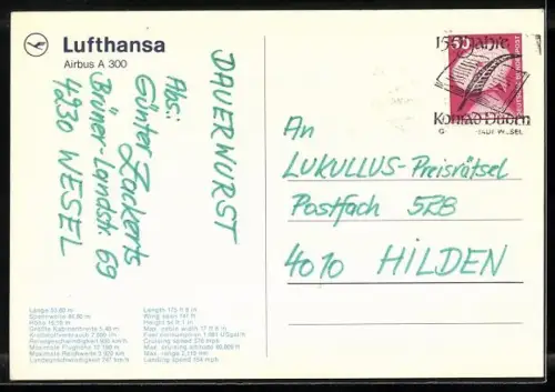 AK Passagierjet Airbus A 300 über den Wolken, Lufthansa, Tech. Daten, Flugzeug