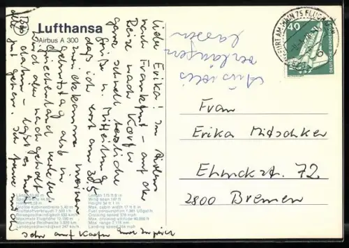 AK Passagierjet Airbus A 300 über den Wolken, Lufthansa, Tech. Daten, Flugzeug