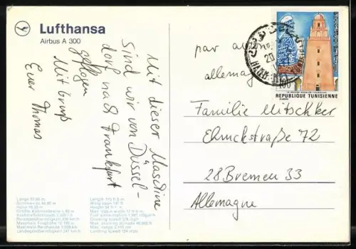 AK Passagierjet Airbus A 300 über den Wolken, Lufthansa, Tech. Daten, Flugzeug