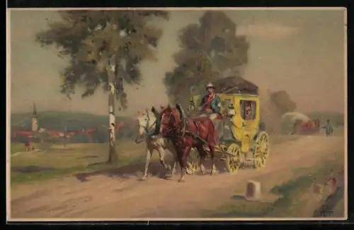 Künstler-AK Meissner & Buch (M&B) Nr. 1450: Reisen im Gebirge, Fahrt mit Postkutsche