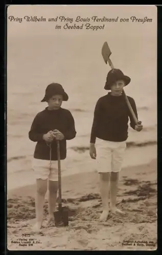 AK Seebad Zoppot, Kronprinz Wilhelm und Prinz Louis Ferdinand von Preussen am Strand