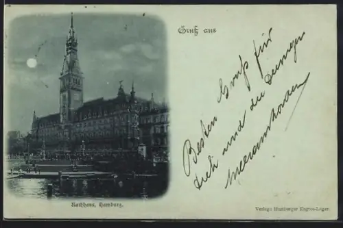 Mondschein-AK Hamburg, Rathaus, Ansicht vom Wasser