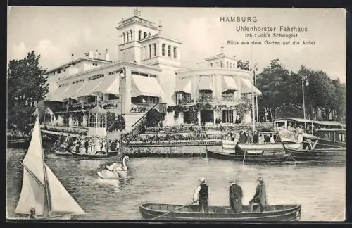 AK Hamburg, Uhlenhorster Fährhaus, Inh. Joh. Schwegler, Blick aus dem Garten auf die Alster
