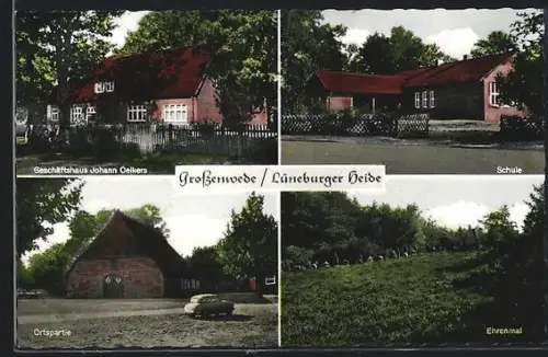 AK Grossenwede /Lüneburger Heide, Geschäftshaus Johann Oelkers, Schule, Ehrenmal