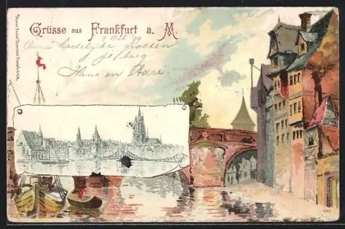 Lithographie Frankfurt a. M., Brücke, Flussufer und Altstadtansicht