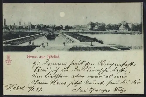 Mondschein-AK Frankfurt-Höchst, Blick auf Stadt und Mainufer