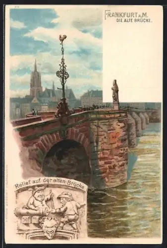 Lithographie Alt-Frankfurt, Alte Brücke, Relief auf der alten Brücke