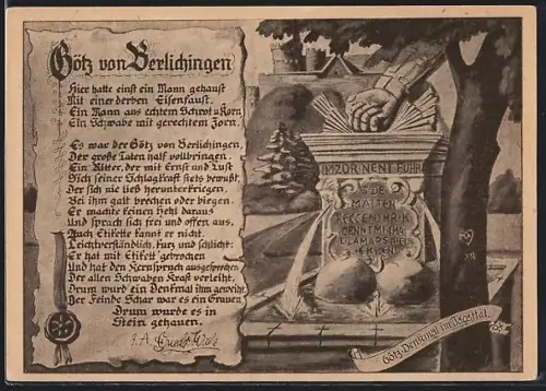 AK Berlichingen im Jagsttal, Götz-von-Berlichingen-Denkmal, Relief, Gedicht