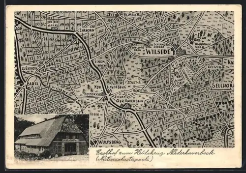 AK Niederhaverbeck ü. Behringen, Gasthaus zum Heidekrug, Inh. Wilh. Menke, Karte der Umgebung