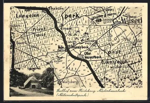 AK Niederhaverbeck üb. Behringen, Gasthaus zum Heidekrug, Inh. Wilh. Menke, Mit Karte der Umgebung