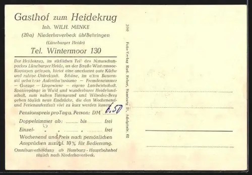 AK Niederhaverbeck üb. Behringen, Gasthaus zum Heidekrug, Inh. Wilh. Menke, Mit Karte der Umgebung