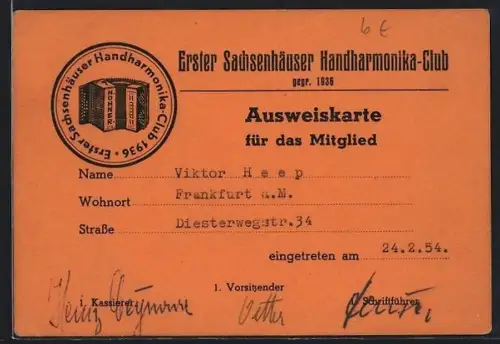 AK Frankfurt-Sachsenhausen, Erster Sachsenhäuser Handharmonika-Club, Ausweiskarte 1954