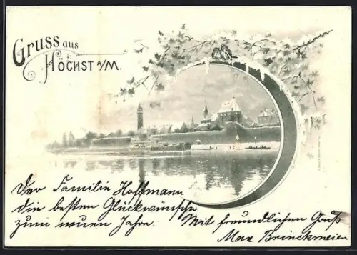 Lithographie Frankfurt-Höchst, Stadtansicht mit Mainufer im Schnee