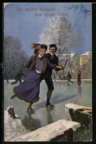 AK Schlittschuhlaufendes Liebespaar auf einem zugefrorenem See