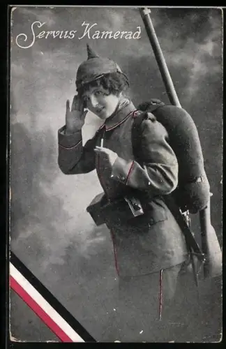 AK Srvus Kamerad, Fräulein Feldgrau mit Pickelhaube