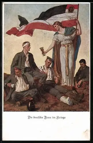 AK Die deutsche Frau im Kriege verteilt Wasser an die durstigen Krieger, Rotes Kreuz