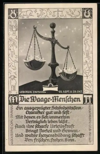 AK Sternzeichenkarte Die Waage Menschen, Waage mit Sternen