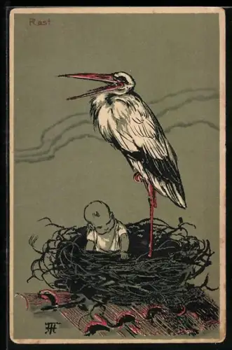 AK Baby sitzt in einem Storchennest