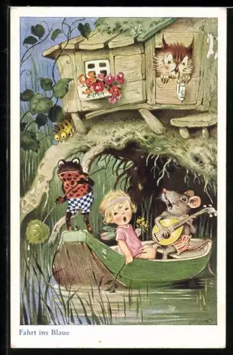 Künstler-AK Fritz Baumgarten: Frosch und Elfe bei einer Fahrt im Ruderboot, Eule schaut aus dem Fenster