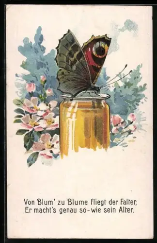 Künstler-AK Schmetterling labt sich an einem Honigglas