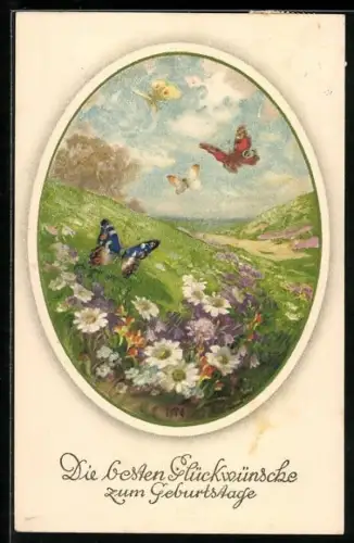 AK Schmetterlinge fliegen über eine Blumenwiese, Glückwunsch zum Namenstag