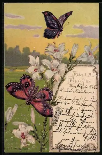 AK Schmetterling auf weissen Lilien