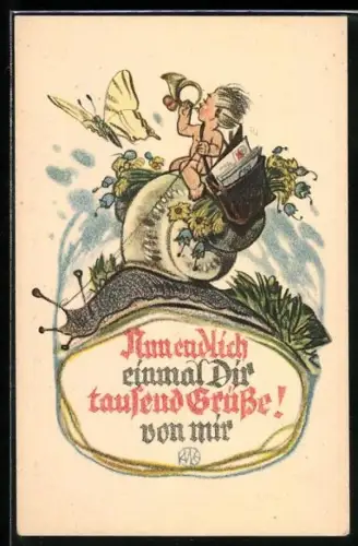 Künstler-AK nackter Knabe mit Posthorn und grosser Osttasche reitet auf einer Schnecke