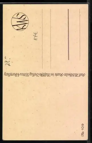 Künstler-AK nackter Knabe mit Posthorn und grosser Osttasche reitet auf einer Schnecke