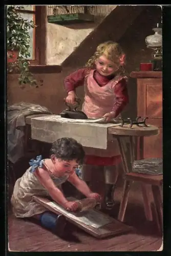 AK Mädchen beim Bügeln und Backen