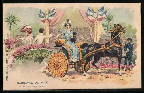Lithographie Nice, Carnaval de Nice, Bataille de Fleurs