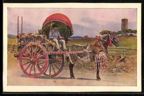 Künstler-AK Roma-Mann auf einem Weinkarren