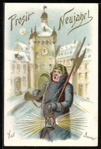 Präge-AK Nachtwächter mit Horn und Laterne, Prosit Neujahr