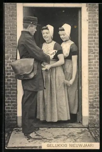 AK Neujahrsgruss, Briefträger überbringt die Post