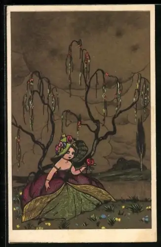 AK Mädchen sitzt mit einer Rose unter einem Baum