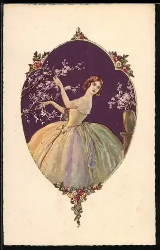 AK junge Frau im Kleid betrachtet Blüten