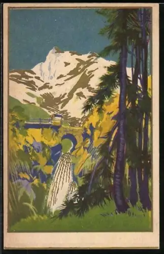 Künstler-AK Idyllische Landschaft mit Berg und Wasserfall im Art Deco Stil