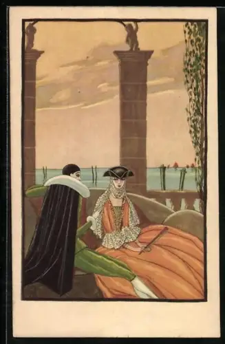 Künstler-AK Lorris Ricco: Paar in einem Garten mit Blick aufs Wasser, Art Deco