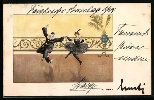 AK Harlekin tanzt mit eleganter Dame