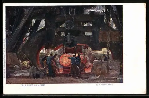 Künstler-AK Essen, Fabrikarbeiter bei Krupp