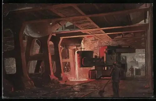 AK Der Werdegang der Eisenbahnschiene, Stahlwerk mit Fabrikarbeitern