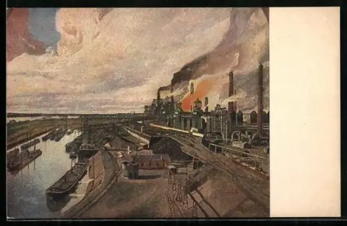 Künstler-AK Hochofenwerk aus der Vogelschau