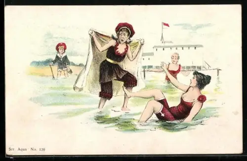 AK Frauen im Badeanzug im Meer