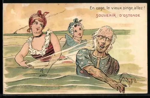 AK Frauen im Badeanzug mit altem Mann im Meer