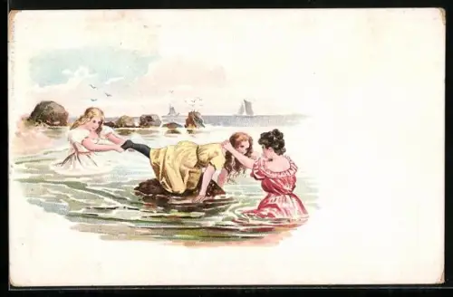 AK Frauen im Badeanzug im Meer