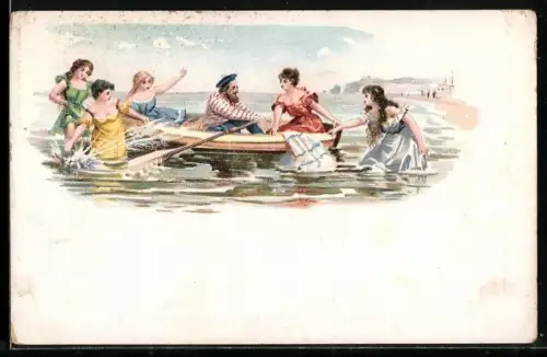 AK Frauen im Badeanzug mit Mann in einem Ruderboot
